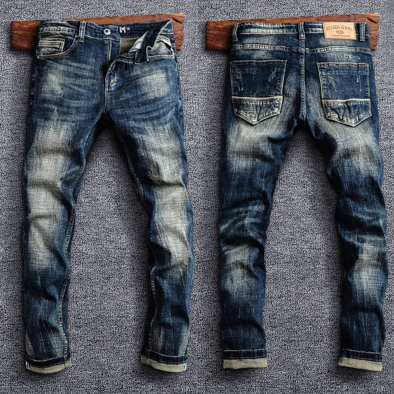 Italian Style Fashion Men Jeans Retro Black Blue Elastic Slim Fit Ripped Jeans Men Trousers Vintage Designer Casual Denim Pants