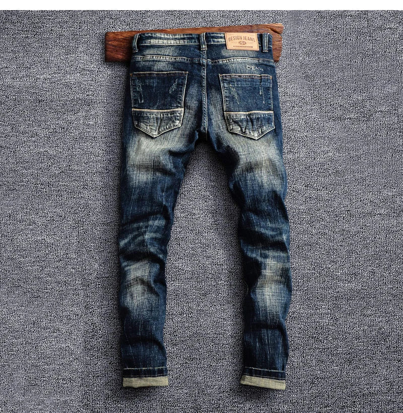 Italian Style Fashion Men Jeans Retro Black Blue Elastic Slim Fit Ripped Jeans Men Trousers Vintage Designer Casual Denim Pants