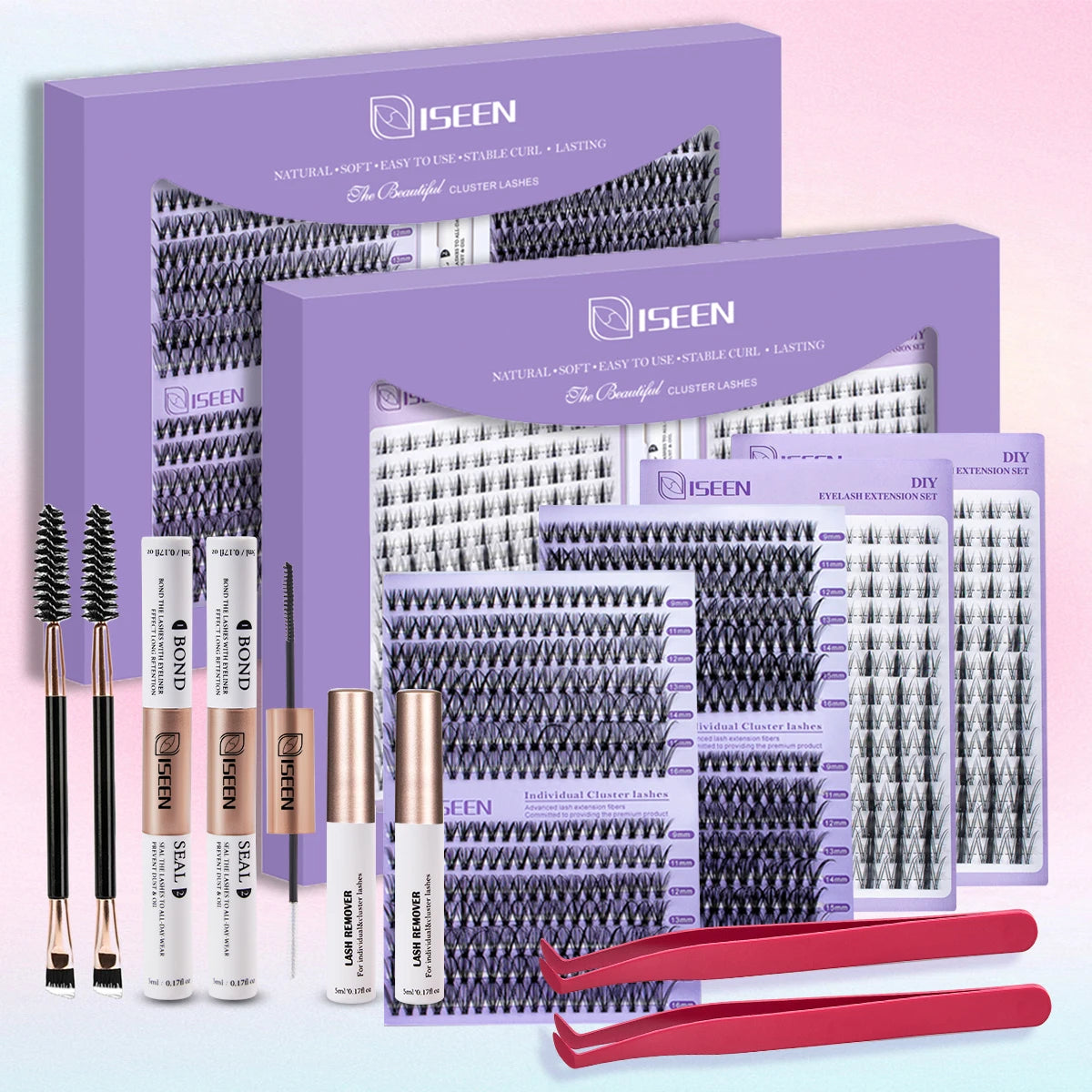 ISEEN DIY Eyelash Extension Kit Cluster Mix Eyelashes Full Set Lashes Kit with Lash Bond & Seal and Eyelash Tweezers and Brush