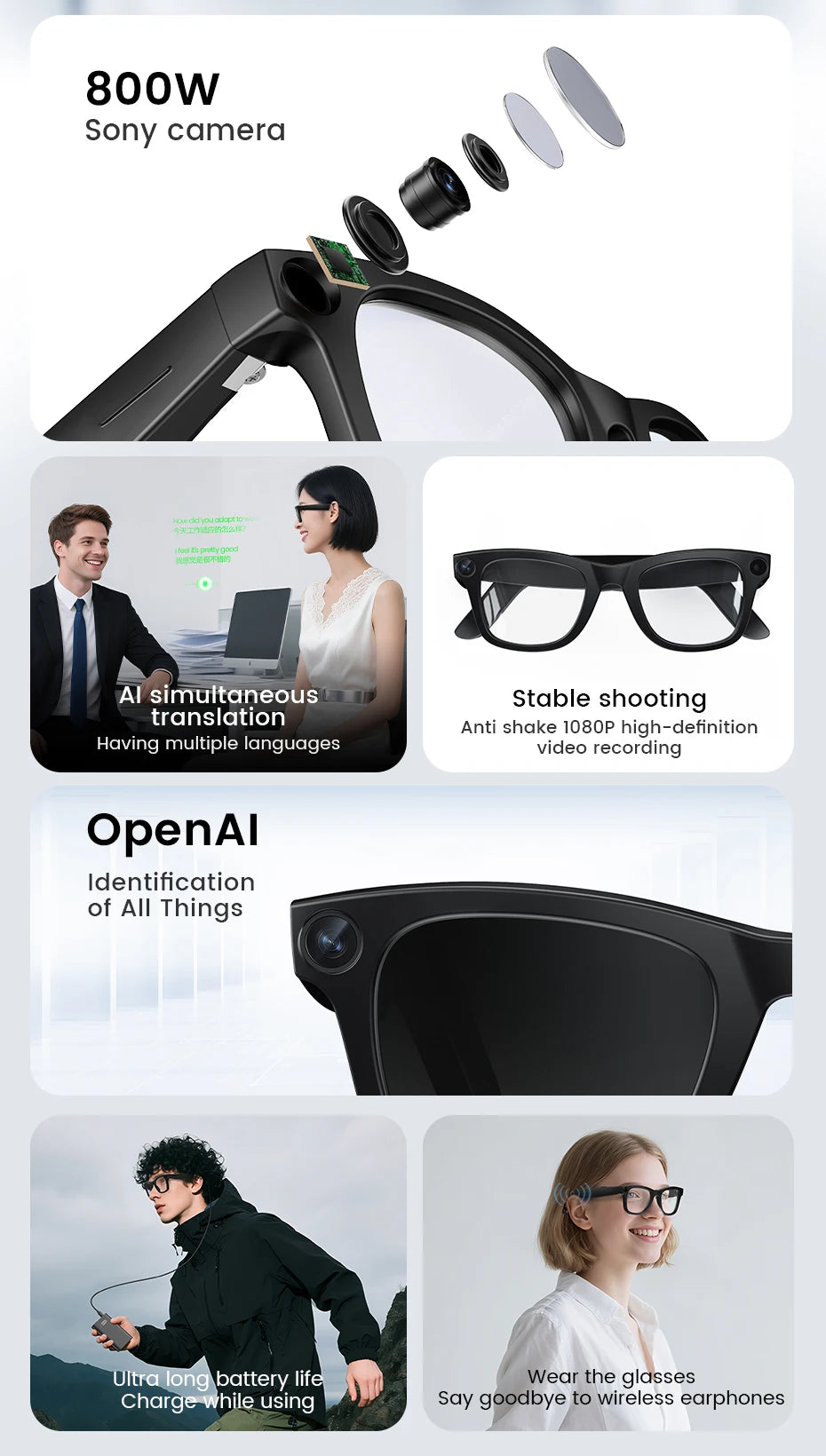 AI Smart Camera Video Recorder Sunglasses Men Women 2025 Translator Headphones Sun Glasses Waterproof Anti Blue Light Eyewear
