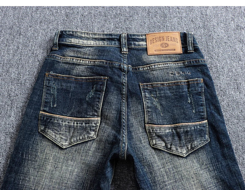 Italian Style Fashion Men Jeans Retro Black Blue Elastic Slim Fit Ripped Jeans Men Trousers Vintage Designer Casual Denim Pants
