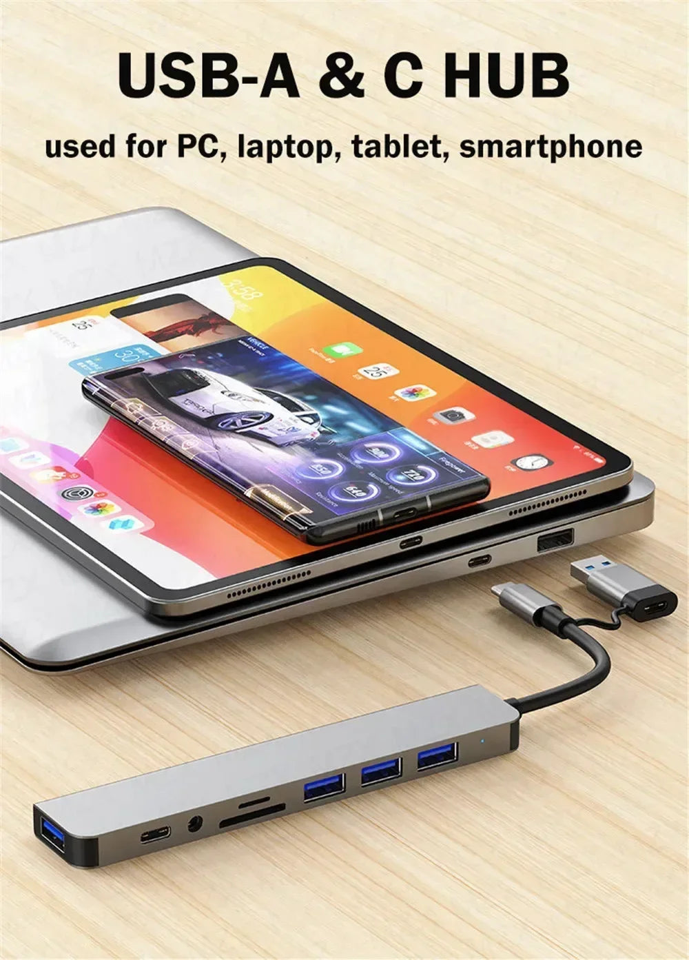 8 In 1 USB C Hub Expander Multiport Adapter Type C Splitter Dock USB 3 Port For Xiaomi Phone Tablet Fast Data Transfer Charging