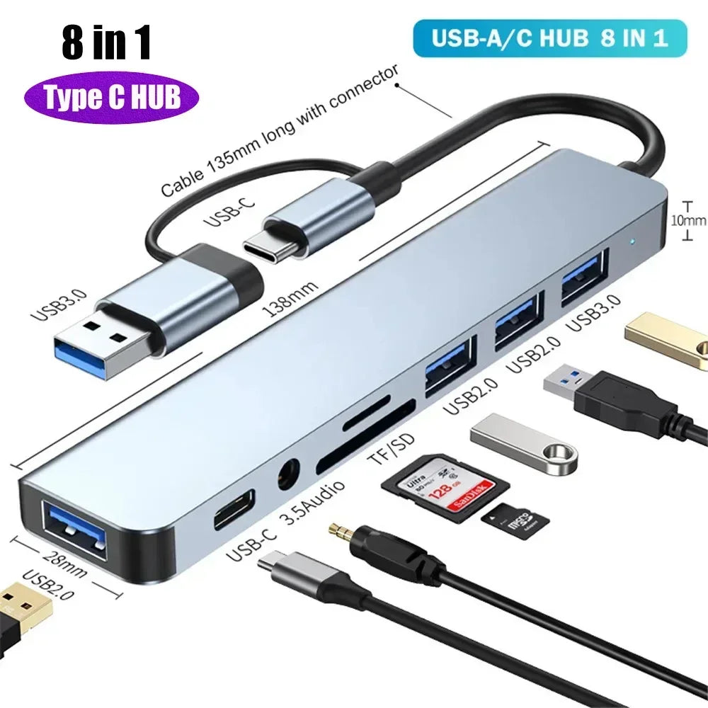 8 In 1 USB C Hub Expander Multiport Adapter Type C Splitter Dock USB 3 Port For Xiaomi Phone Tablet Fast Data Transfer Charging