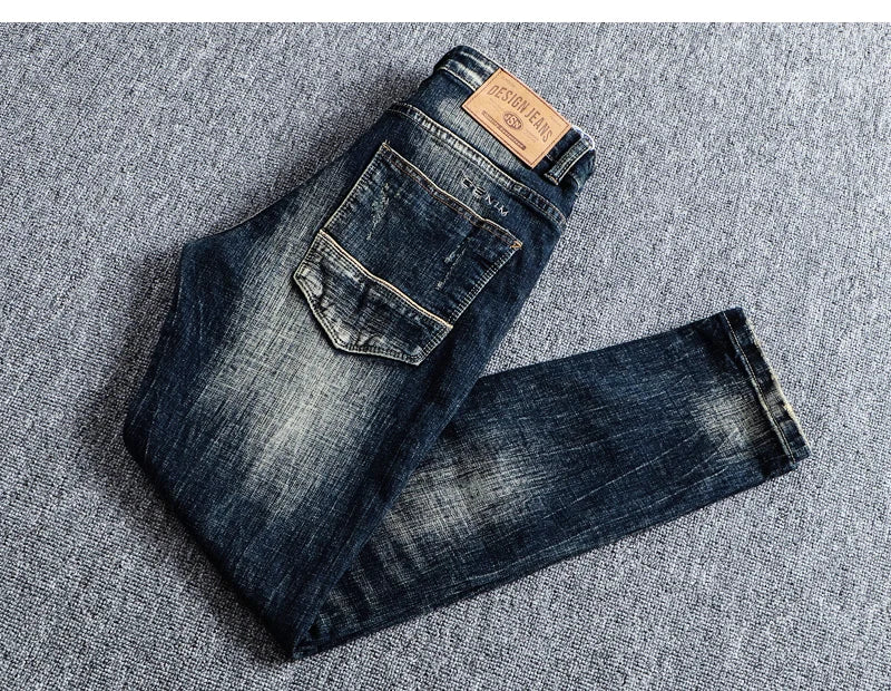 Italian Style Fashion Men Jeans Retro Black Blue Elastic Slim Fit Ripped Jeans Men Trousers Vintage Designer Casual Denim Pants