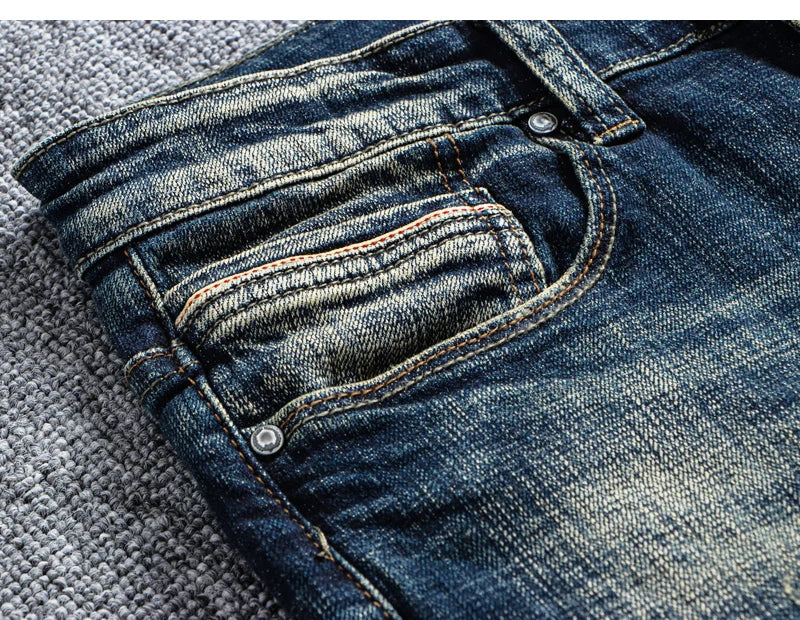 Italian Style Fashion Men Jeans Retro Black Blue Elastic Slim Fit Ripped Jeans Men Trousers Vintage Designer Casual Denim Pants