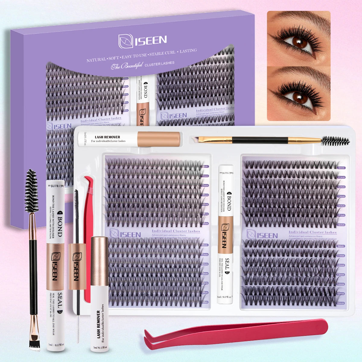 ISEEN DIY Eyelash Extension Kit Cluster Mix Eyelashes Full Set Lashes Kit with Lash Bond & Seal and Eyelash Tweezers and Brush