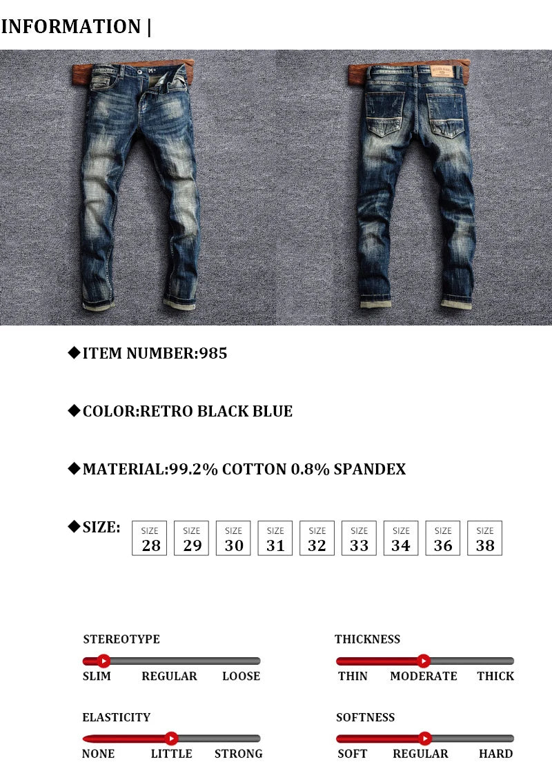 Italian Style Fashion Men Jeans Retro Black Blue Elastic Slim Fit Ripped Jeans Men Trousers Vintage Designer Casual Denim Pants