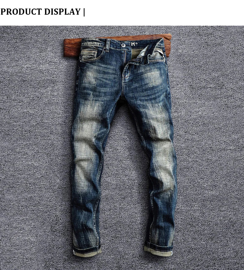 Italian Style Fashion Men Jeans Retro Black Blue Elastic Slim Fit Ripped Jeans Men Trousers Vintage Designer Casual Denim Pants