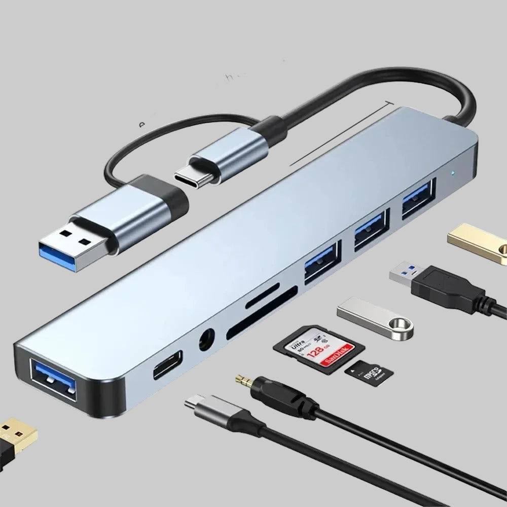 8 In 1 USB C Hub Expander Multiport Adapter Type C Splitter Dock USB 3 Port For Xiaomi Phone Tablet Fast Data Transfer Charging