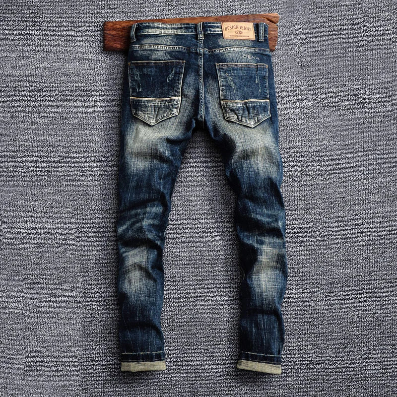 Italian Style Fashion Men Jeans Retro Black Blue Elastic Slim Fit Ripped Jeans Men Trousers Vintage Designer Casual Denim Pants