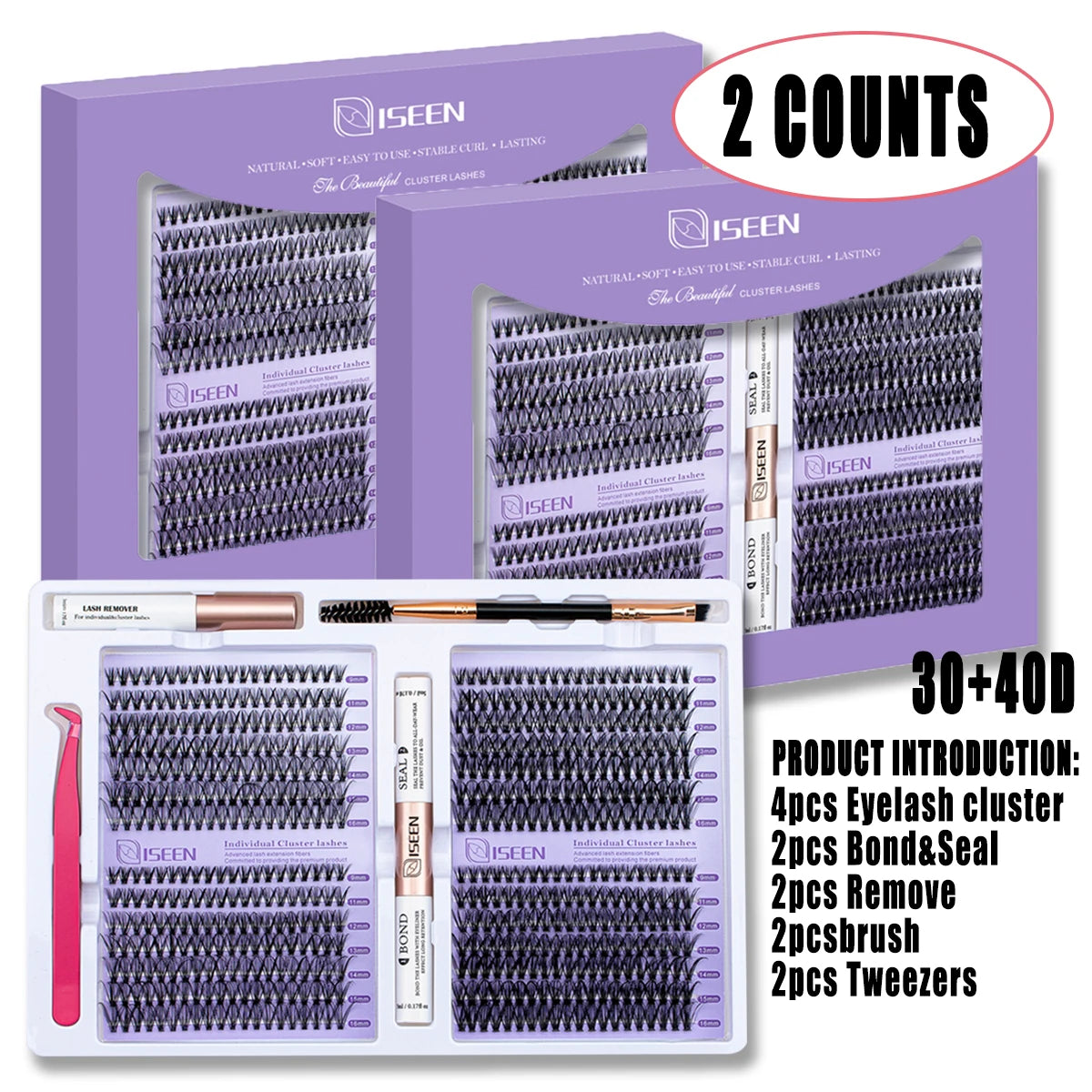 ISEEN DIY Eyelash Extension Kit Cluster Mix Eyelashes Full Set Lashes Kit with Lash Bond & Seal and Eyelash Tweezers and Brush