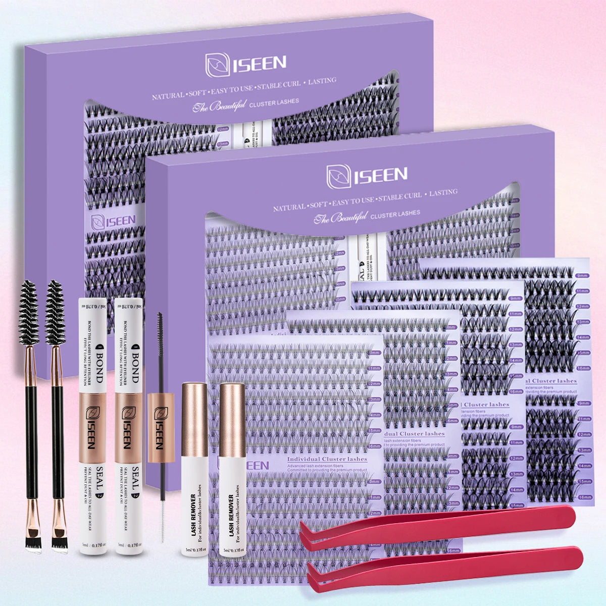 ISEEN DIY Eyelash Extension Kit Cluster Mix Eyelashes Full Set Lashes Kit with Lash Bond & Seal and Eyelash Tweezers and Brush