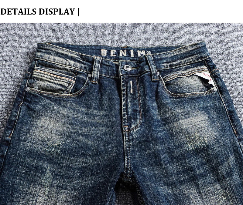 Italian Style Fashion Men Jeans Retro Black Blue Elastic Slim Fit Ripped Jeans Men Trousers Vintage Designer Casual Denim Pants